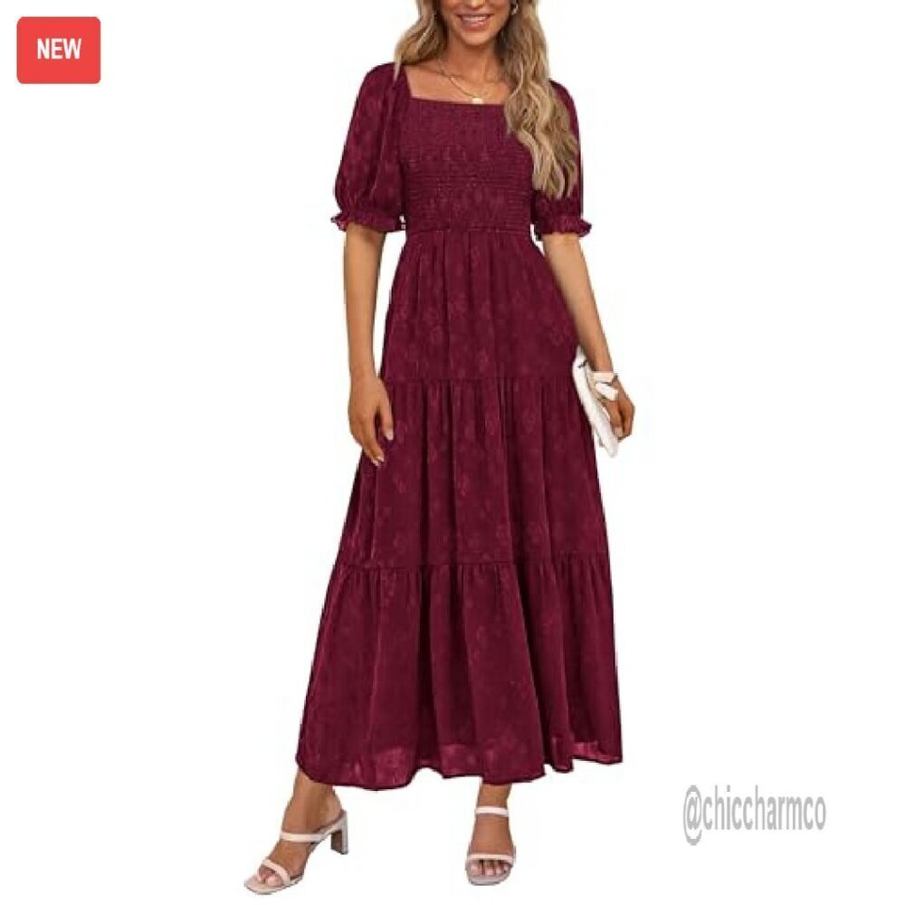 Women's Summer Midi Dress Square Neck Smocked Boho Flowy A-Line - Picture 2 of 8